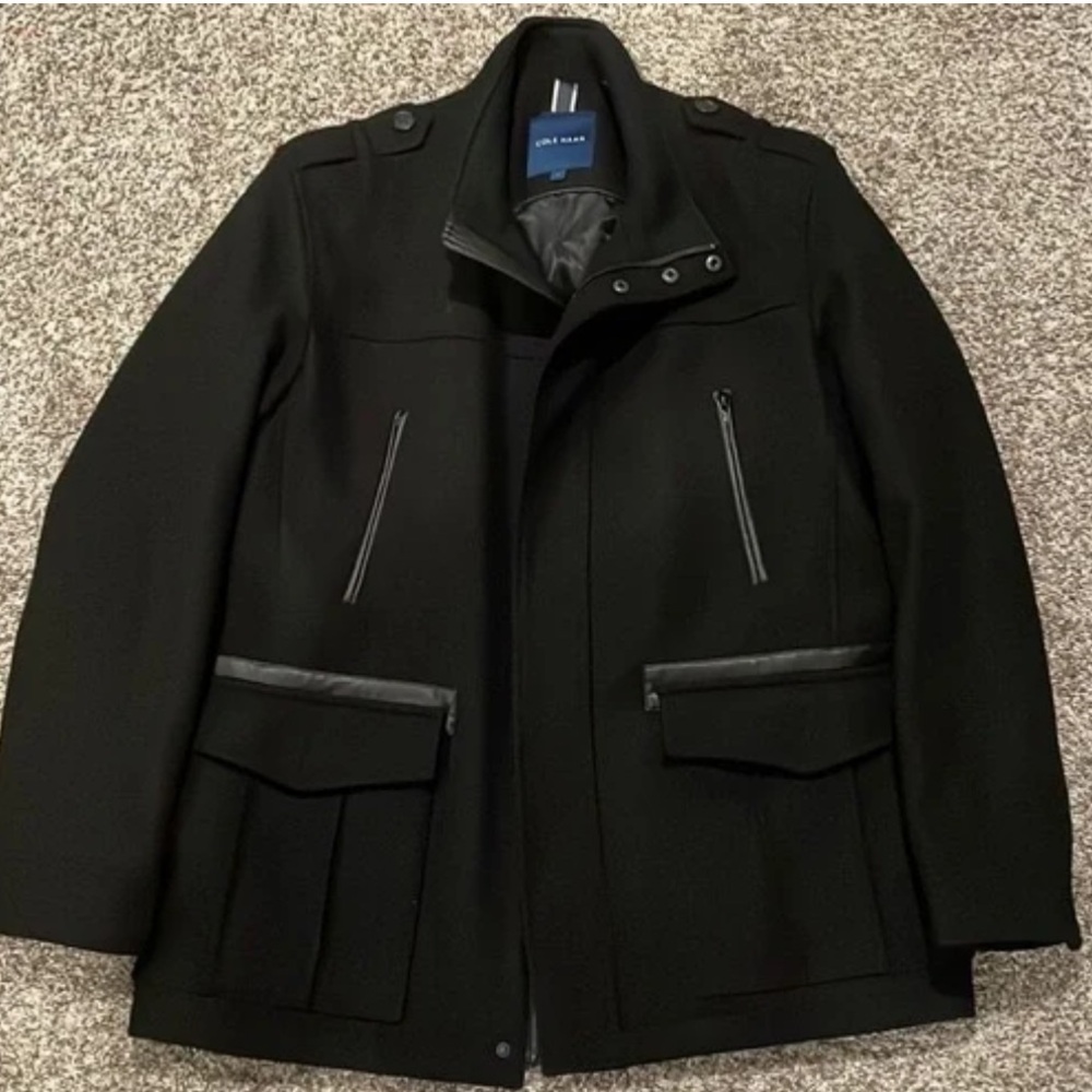 COLE HAAN Black Wool Blend field Jacket - Coat with leather accents size L